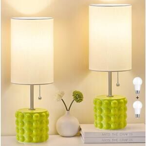 2 GyroVu Lamps Small Green Bedside Ceramic Pull Chain with Fabric Shade S1